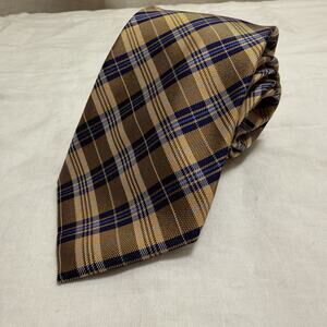 Countess Mara Silk Plaid Tie – Gold & Navy with Crown Crest